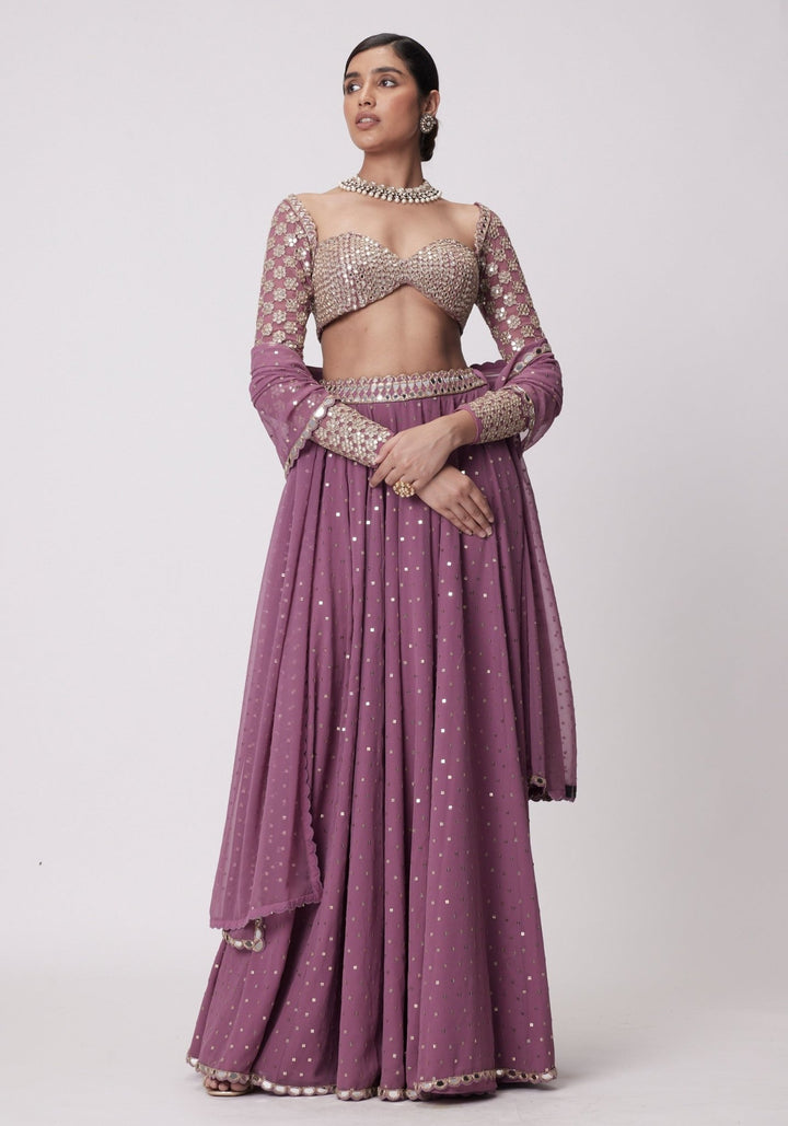 Lilac Georgette Lehenga Pant With Embroidered Full Sleeves Blouse Vvani by Vani Vats - Fabilicious Fashion