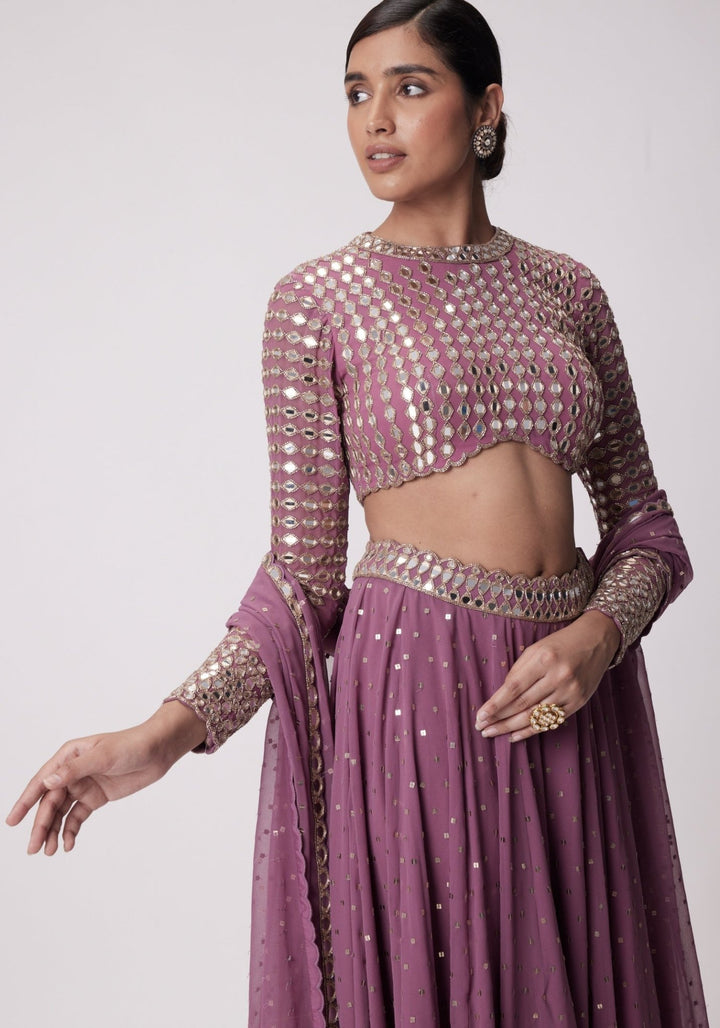 Lilac Georgette Lehenga Pant With Embroidered Full Sleeves Blouse Vvani by Vani Vats - Fabilicious Fashion