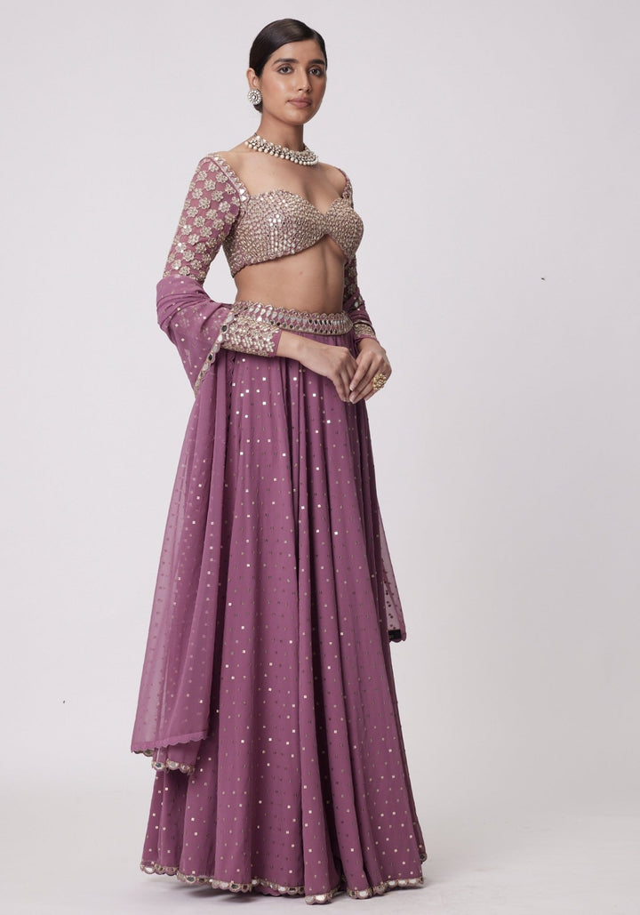 Lilac Georgette Lehenga Pant With Embroidered Full Sleeves Blouse Vvani by Vani Vats - Fabilicious Fashion