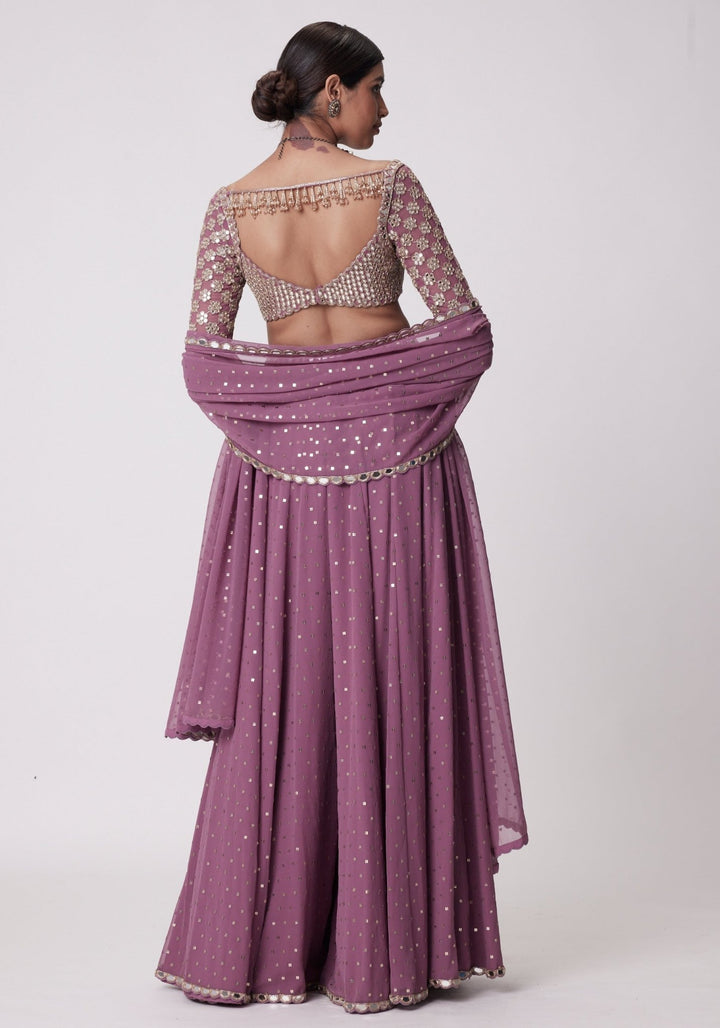 Lilac Georgette Lehenga Pant With Embroidered Full Sleeves Blouse Vvani by Vani Vats - Fabilicious Fashion