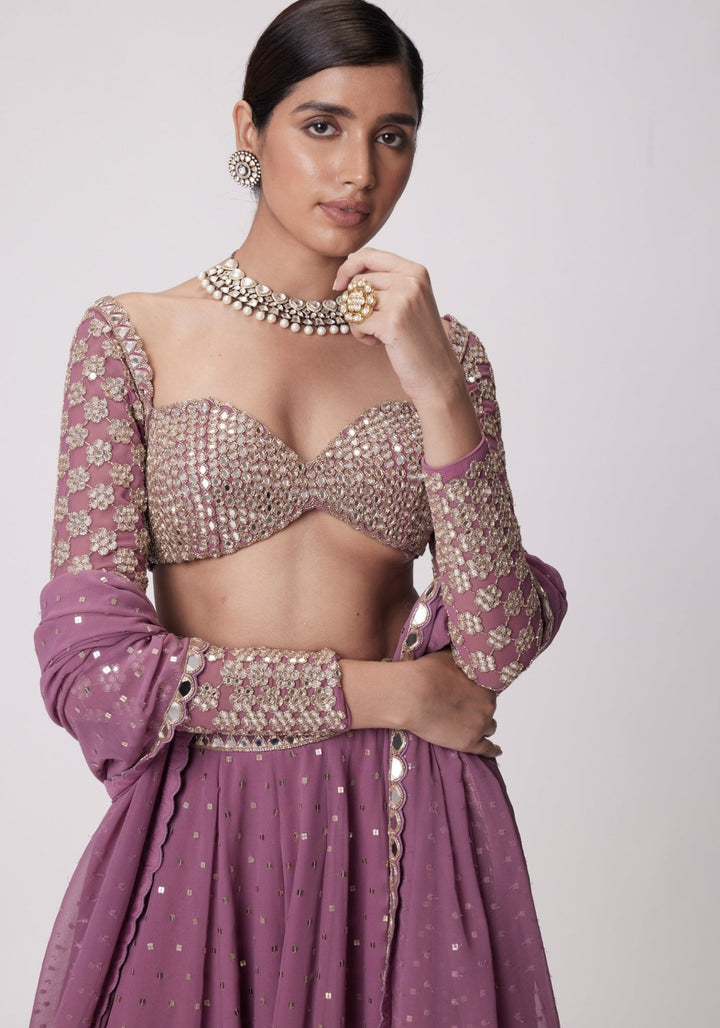 Lilac Georgette Lehenga Pant With Embroidered Full Sleeves Blouse Vvani by Vani Vats - Fabilicious Fashion