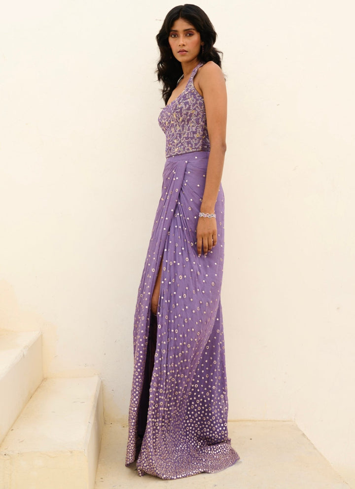 Lilac Georgette Slit Drape Skirt Set Chamee and Palak - Fabilicious Fashion