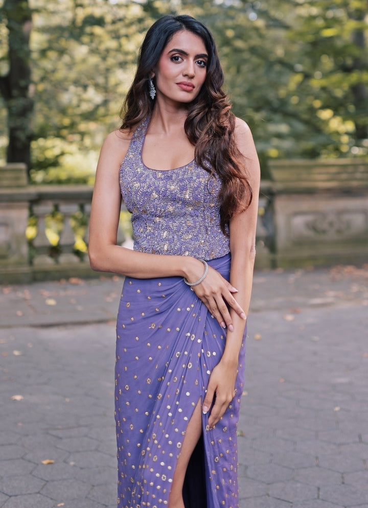 Lilac Georgette Slit Drape Skirt Set Chamee and Palak - Fabilicious Fashion