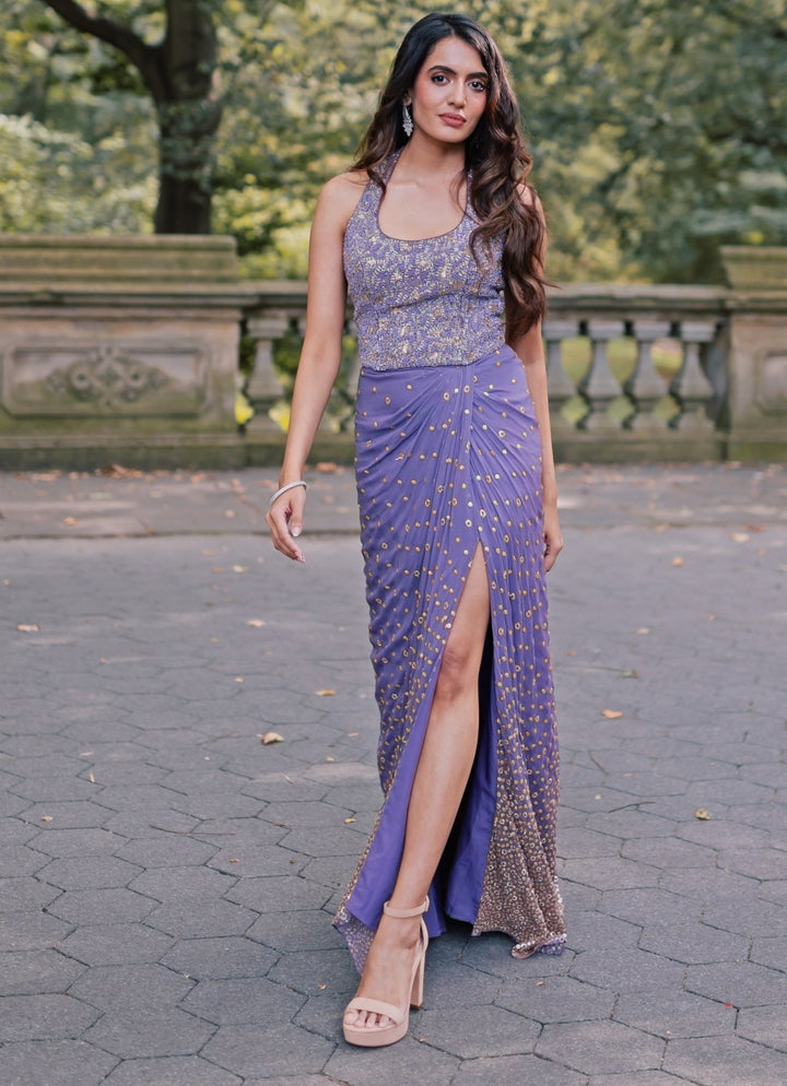 Lilac Georgette Slit Drape Skirt Set Chamee and Palak - Fabilicious Fashion