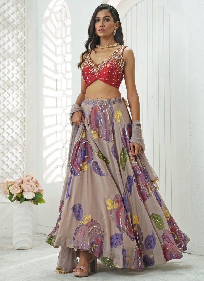 Lilac Hand Painted Georgette Lehenga Set Priti Sahni - Fabilicious Fashion
