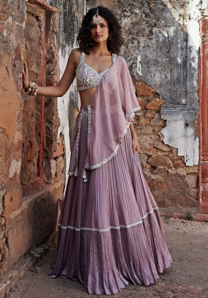 Lilac Tiered Skirt Set with Cape Seema Thukral - Fabilicious Fashion