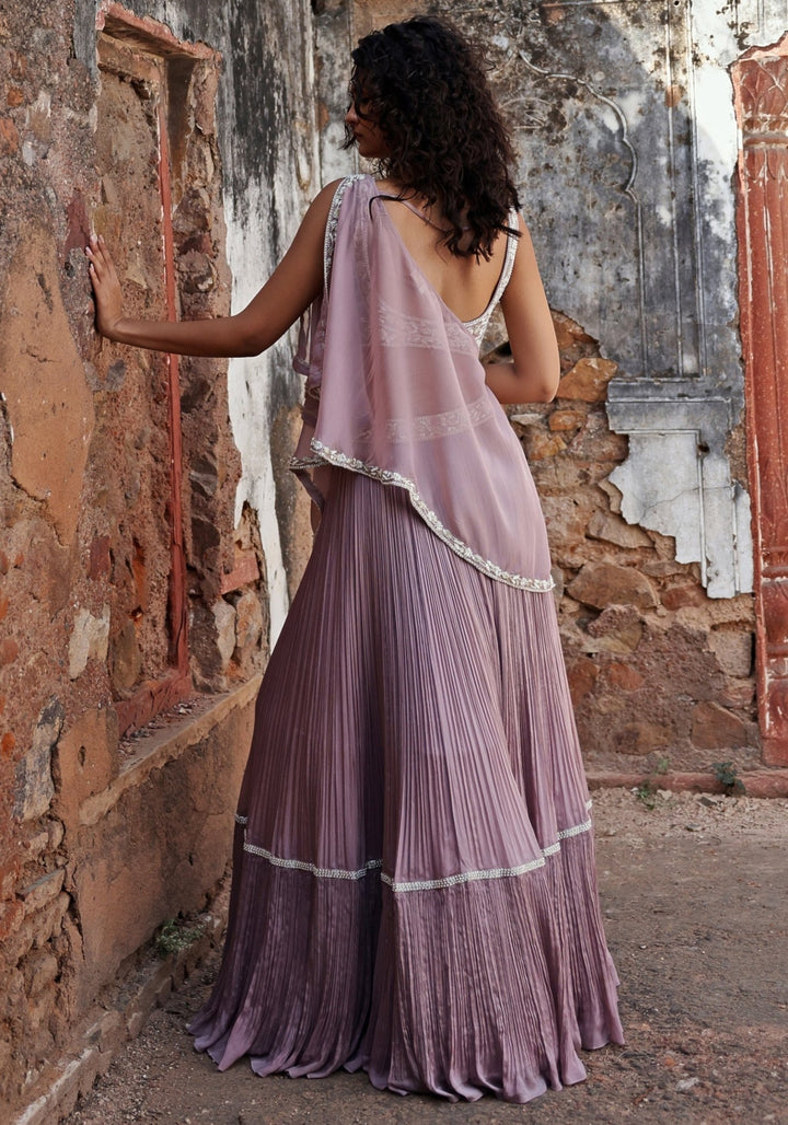 Lilac Tiered Skirt Set with Cape Seema Thukral - Fabilicious Fashion