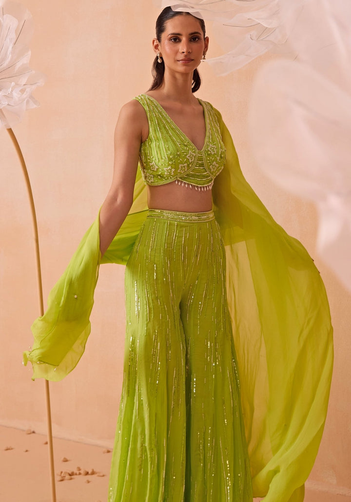 Lime Green Embellished Cape Sharara Set Parul Gandhi - Fabilicious Fashion