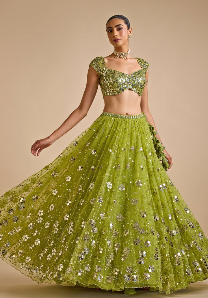 Lime Green Embroidered Lehenga set Prevasu - Fabilicious Fashion