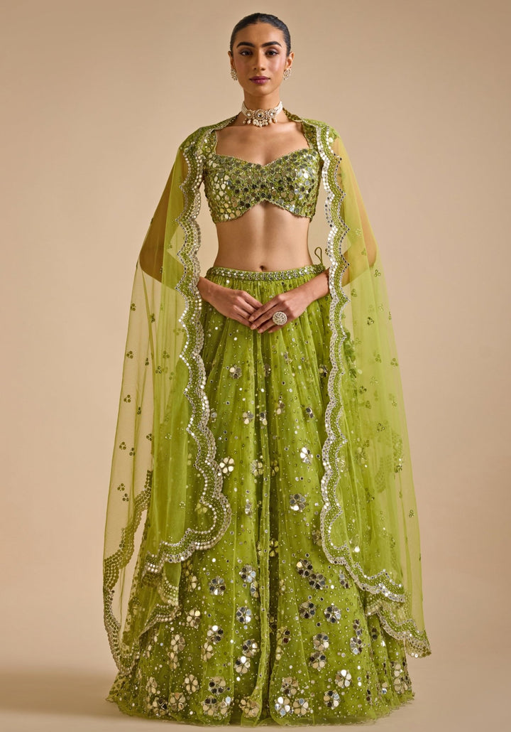 Lime Green Embroidered Lehenga set Prevasu - Fabilicious Fashion