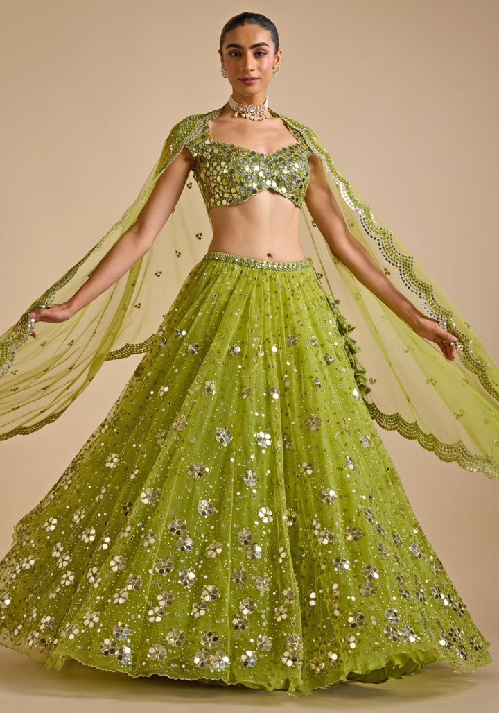 Lime Green Embroidered Lehenga set Prevasu - Fabilicious Fashion
