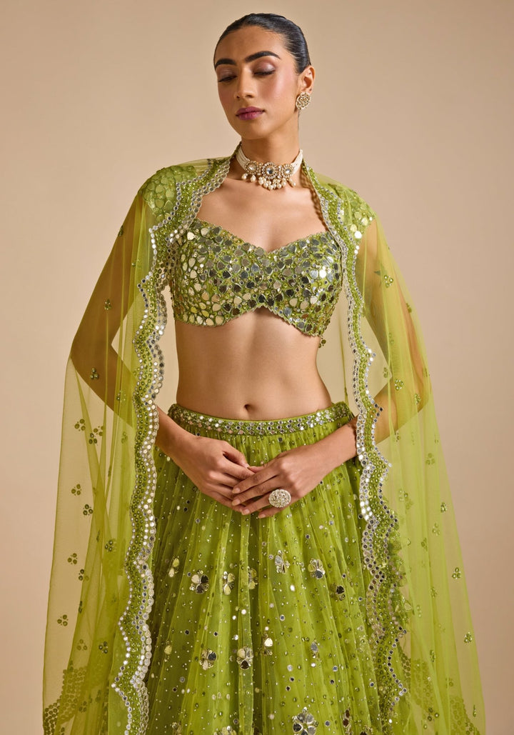 Lime Green Embroidered Lehenga set Prevasu - Fabilicious Fashion