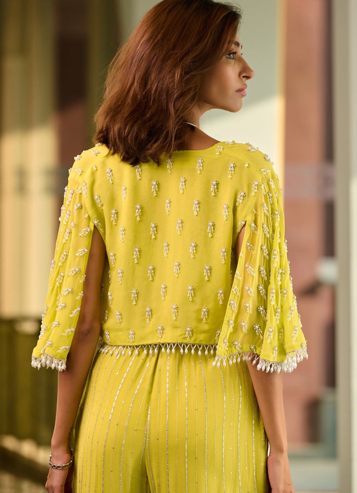 Lime Green Georgette Pant Cape Set Chamee and Palak - Fabilicious Fashion