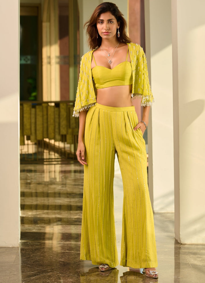 Lime Green Georgette Pant Cape Set Chamee and Palak - Fabilicious Fashion