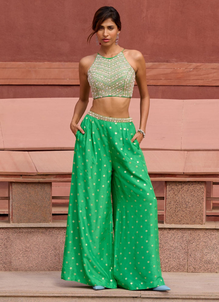 Lime Green Jamewar Palazzo Pant set Chamee and Palak - Fabilicious Fashion