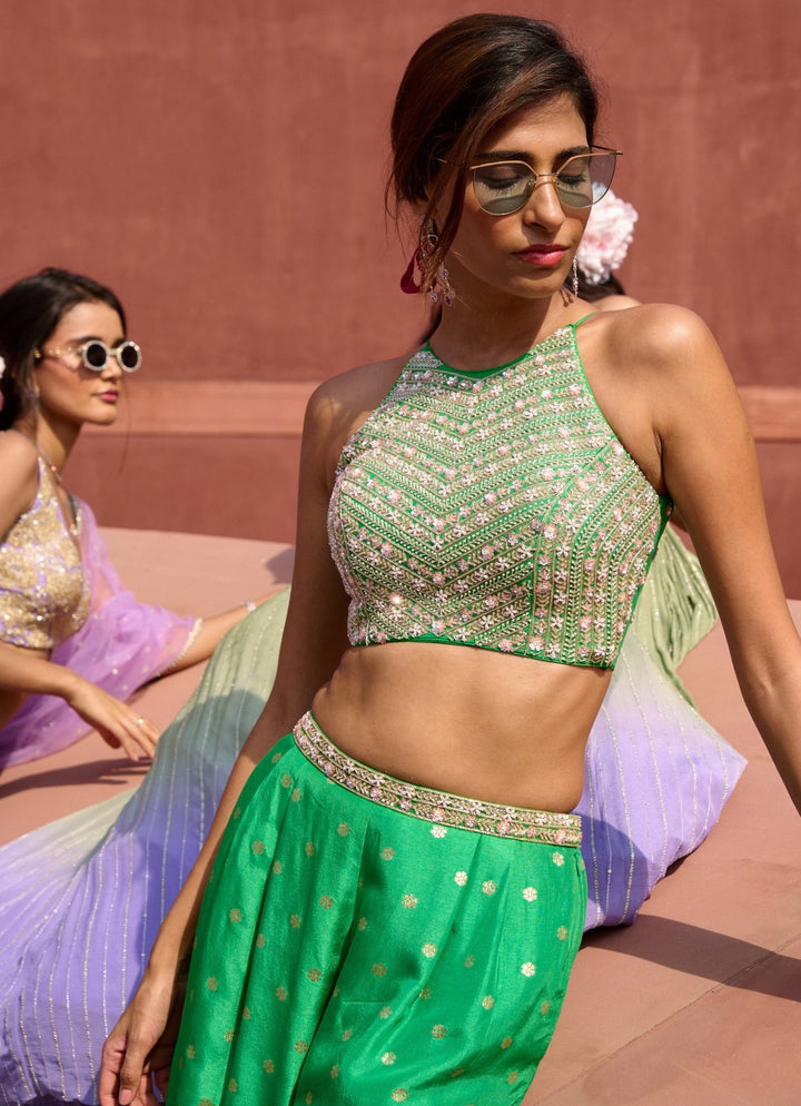 Lime Green Jamewar Palazzo Pant set Chamee and Palak - Fabilicious Fashion