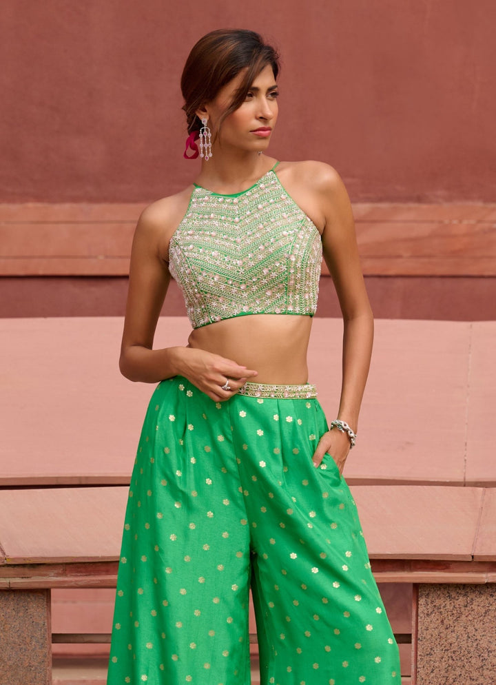 Lime Green Jamewar Palazzo Pant set Chamee and Palak - Fabilicious Fashion
