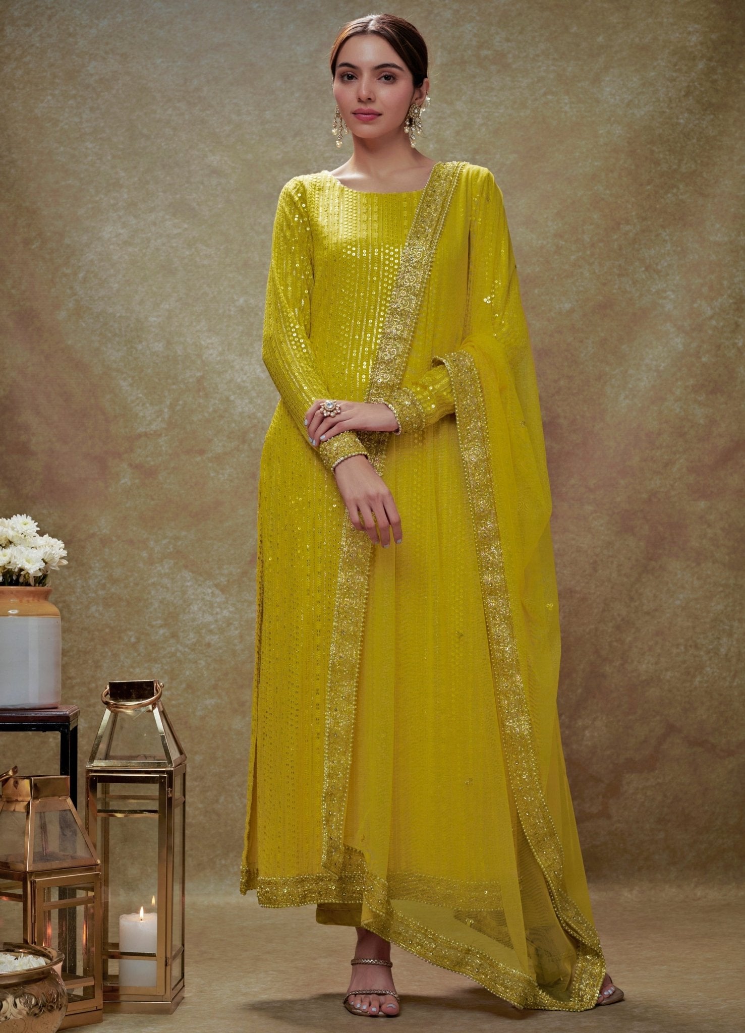 Girl Stripe Gota Embroidered Kurta and Pallazo Pants Set - Lemon Yellow