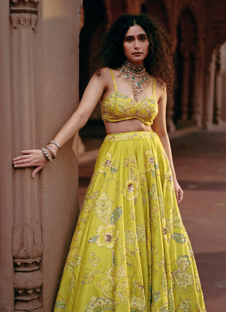 Lime Yellow Embroidered Silk Lehenga Set Paulmi and Harsh - Fabilicious Fashion