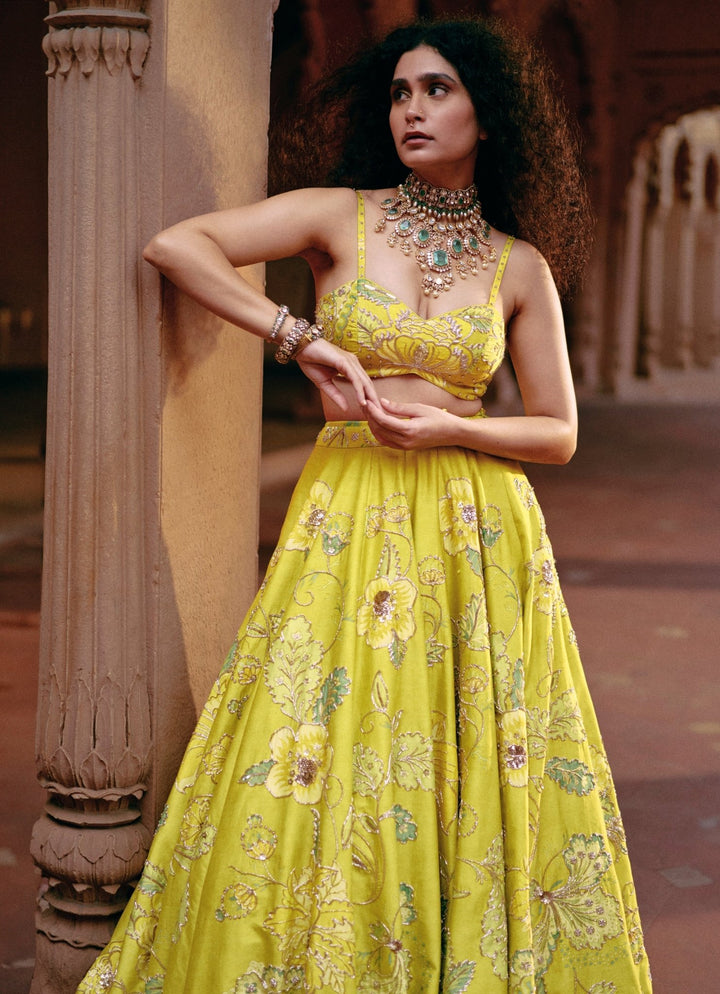 Lime Yellow Embroidered Silk Lehenga Set Paulmi and Harsh - Fabilicious Fashion