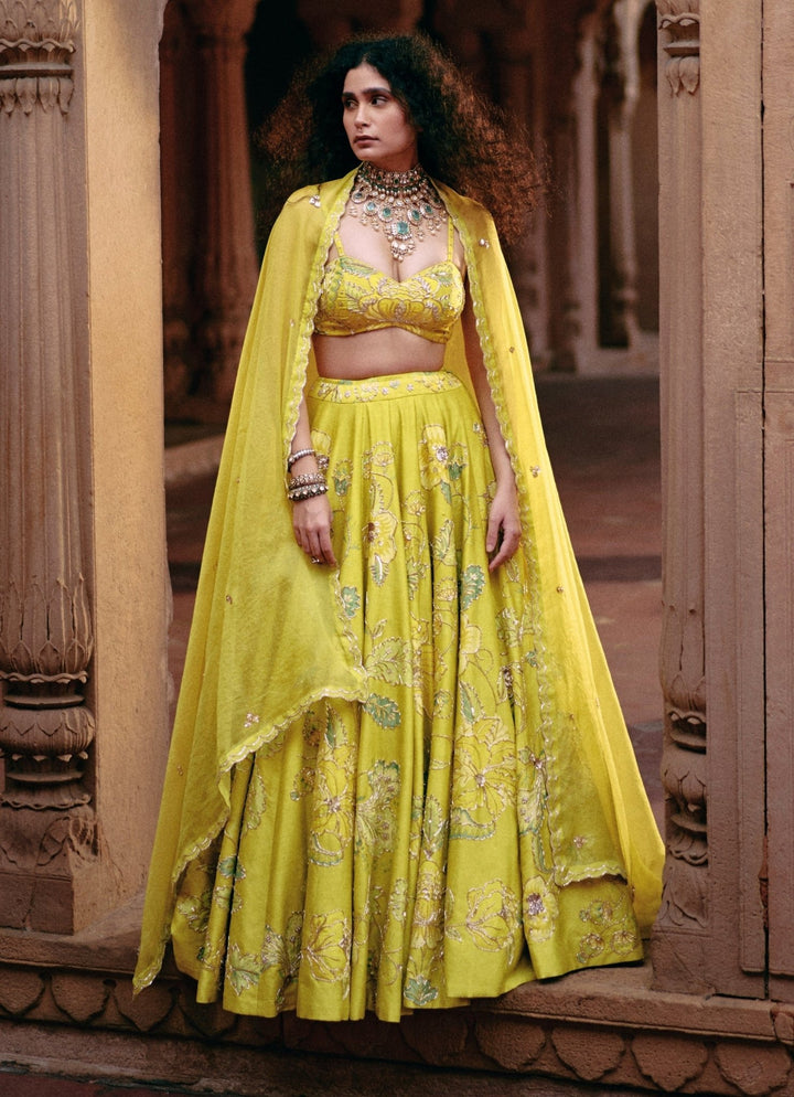Lime Yellow Embroidered Silk Lehenga Set Paulmi and Harsh - Fabilicious Fashion