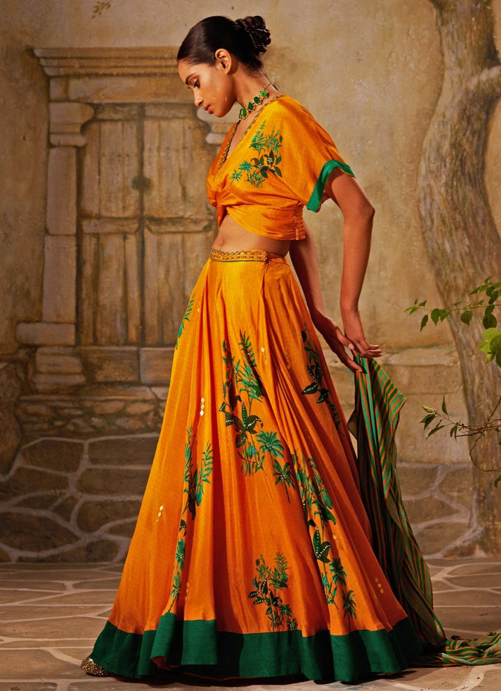 Mango Yellow Yellow Printed And Embroidered Lehenga Basil Leaf - Fabilicious Fashion