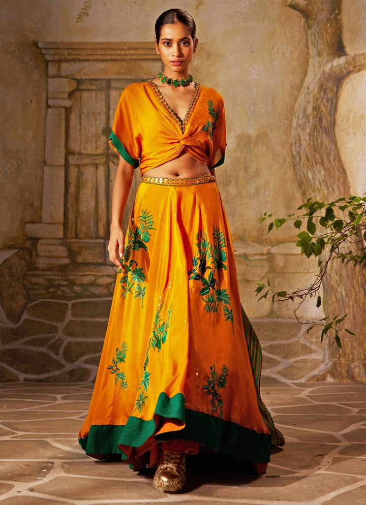 Mango Yellow Yellow Printed And Embroidered Lehenga Basil Leaf - Fabilicious Fashion