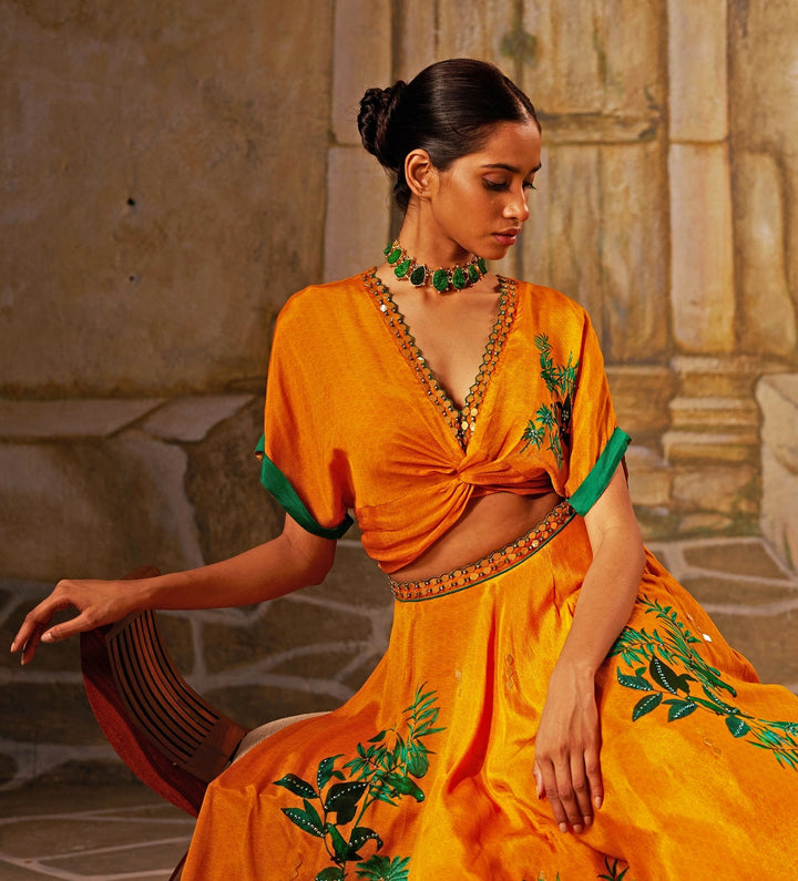 Mango Yellow Yellow Printed And Embroidered Lehenga Basil Leaf - Fabilicious Fashion