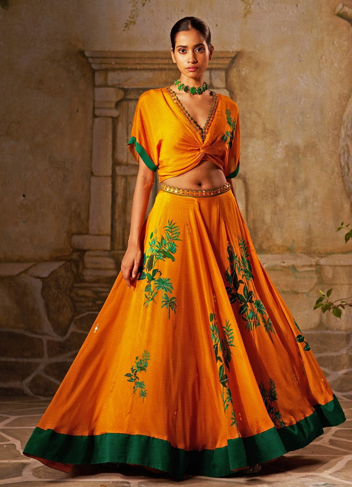 Mango Yellow Yellow Printed And Embroidered Lehenga Basil Leaf - Fabilicious Fashion