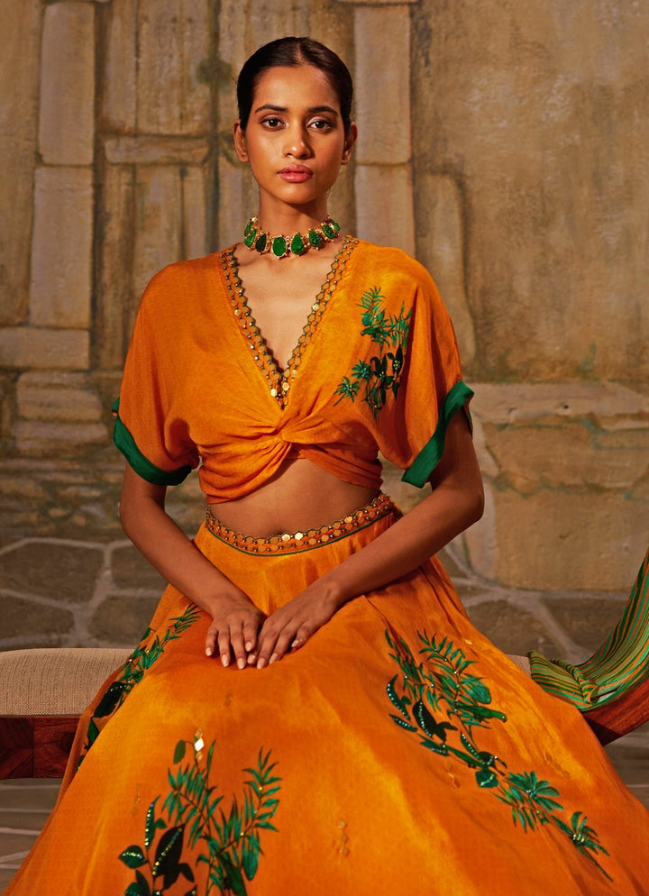 Mango Yellow Yellow Printed And Embroidered Lehenga Basil Leaf - Fabilicious Fashion