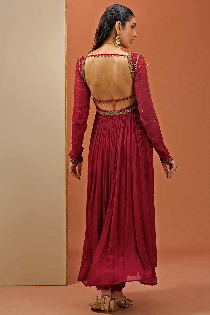 Maroon Embroidered Georgette Anarkali Set Esha Koul - Fabilicious Fashion