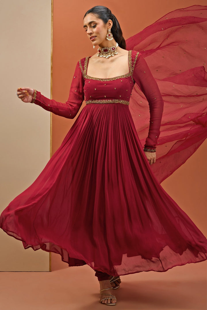 Maroon Embroidered Georgette Anarkali Set Esha Koul - Fabilicious Fashion