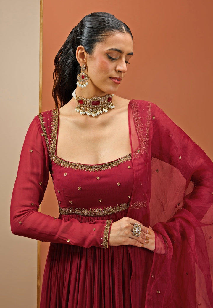 Maroon Embroidered Georgette Anarkali Set Esha Koul - Fabilicious Fashion