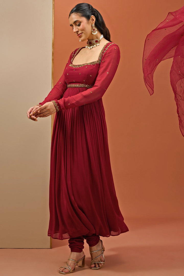 Maroon Embroidered Georgette Anarkali Set Esha Koul - Fabilicious Fashion