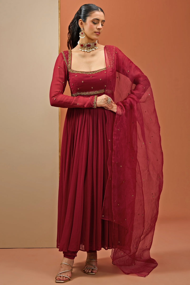 Maroon Embroidered Georgette Anarkali Set Esha Koul - Fabilicious Fashion