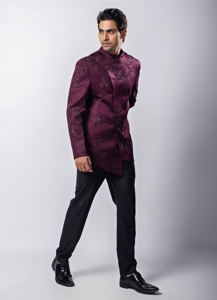 Maroon Embroidered Satin Bandhgala Pant Set Smriti - Fabilicious Fashion