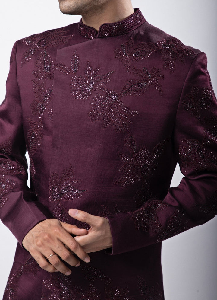 Maroon Embroidered Satin Bandhgala Pant Set Smriti - Fabilicious Fashion