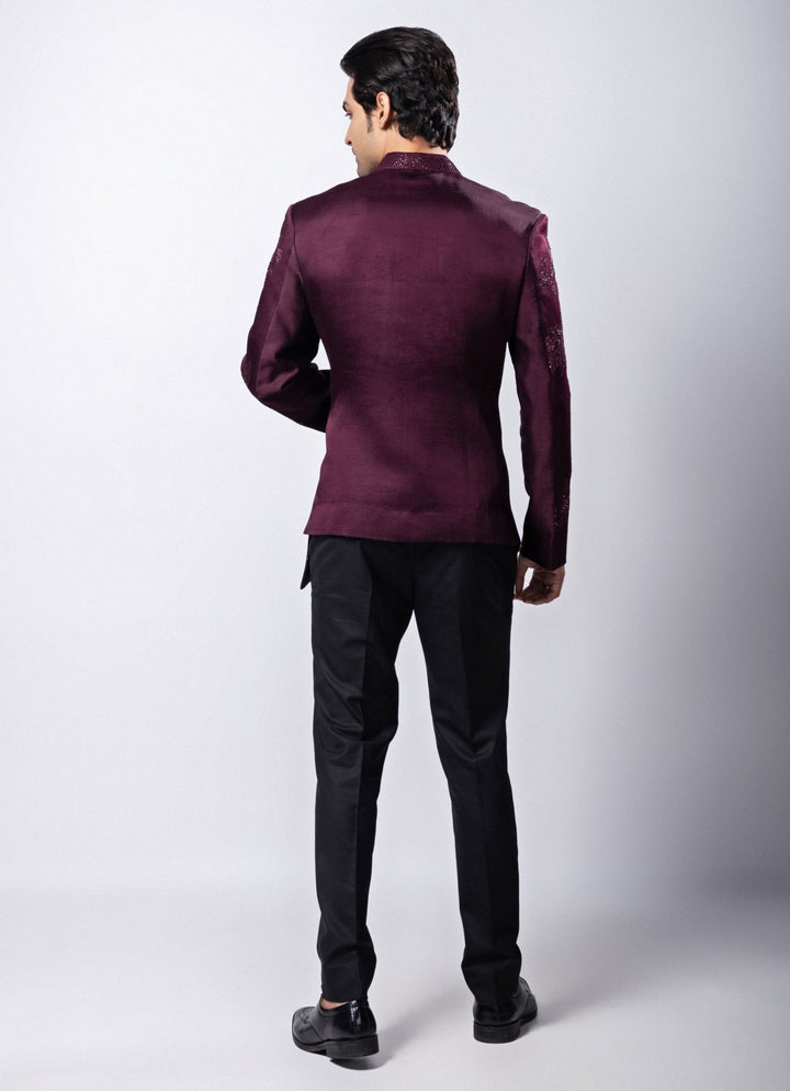 Maroon Embroidered Satin Bandhgala Pant Set Smriti - Fabilicious Fashion