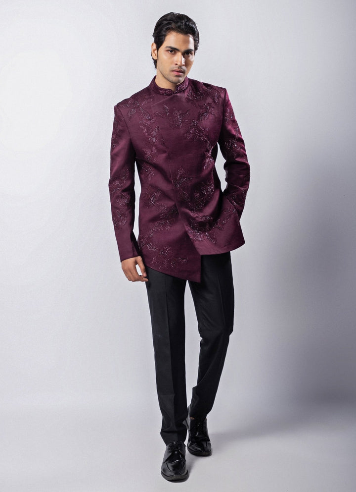 Maroon Embroidered Satin Bandhgala Pant Set Smriti - Fabilicious Fashion