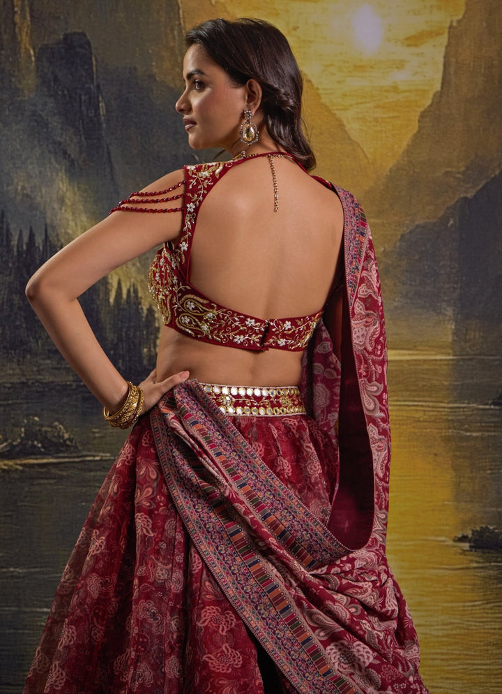Maroon Floral Printed And Embroidered Organza Lehenga Rashika Sharma - Fabilicious Fashion