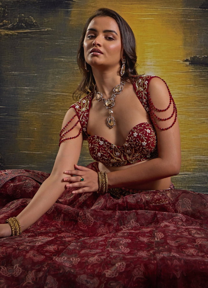 Maroon Floral Printed And Embroidered Organza Lehenga Rashika Sharma - Fabilicious Fashion