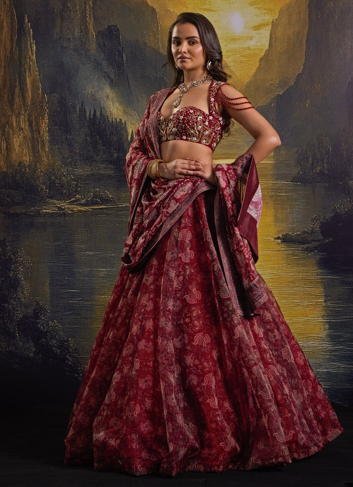 Maroon Floral Printed And Embroidered Organza Lehenga Rashika Sharma - Fabilicious Fashion