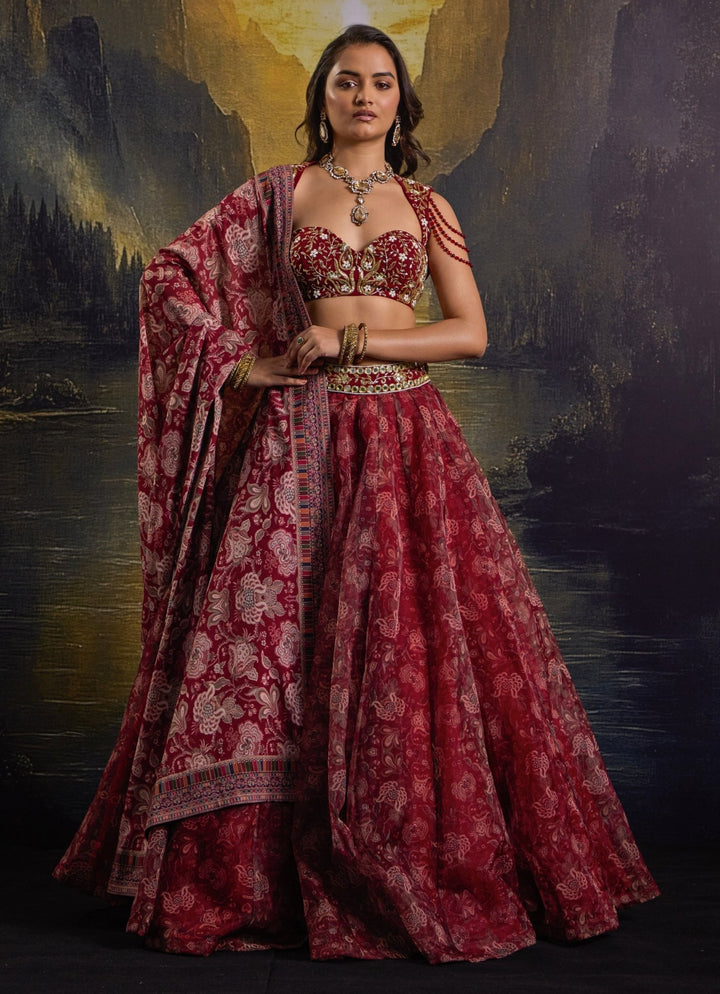 Maroon Floral Printed And Embroidered Organza Lehenga Rashika Sharma - Fabilicious Fashion