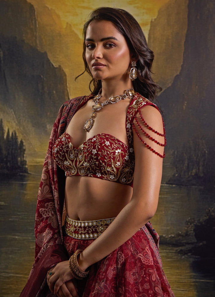 Maroon Floral Printed And Embroidered Organza Lehenga Rashika Sharma - Fabilicious Fashion