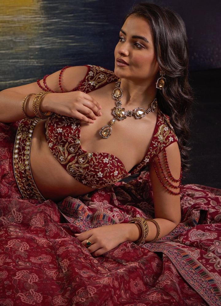 Maroon Floral Printed And Embroidered Organza Lehenga Rashika Sharma - Fabilicious Fashion