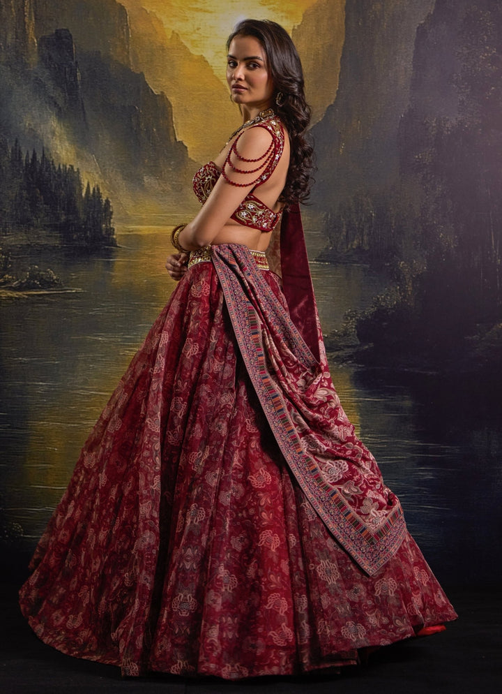 Maroon Floral Printed And Embroidered Organza Lehenga Rashika Sharma - Fabilicious Fashion