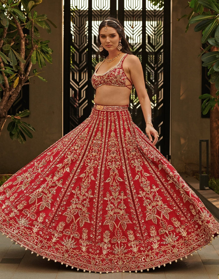 Maroon Red Raw Silk Sequinned Lehenga Set Jigar and Nikita - Fabilicious Fashion