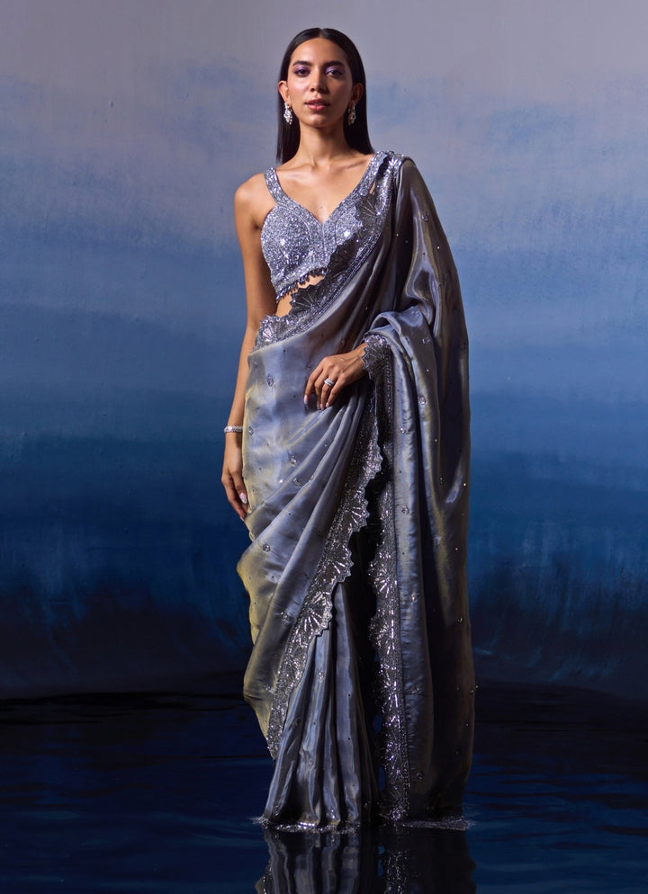Metallic Grey Tissue Sequinned Saree Angad Singh - Fabilicious Fashion