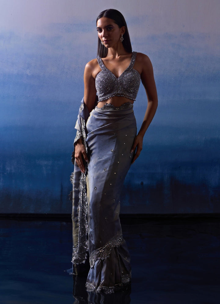 Metallic Grey Tissue Sequinned Saree Angad Singh - Fabilicious Fashion