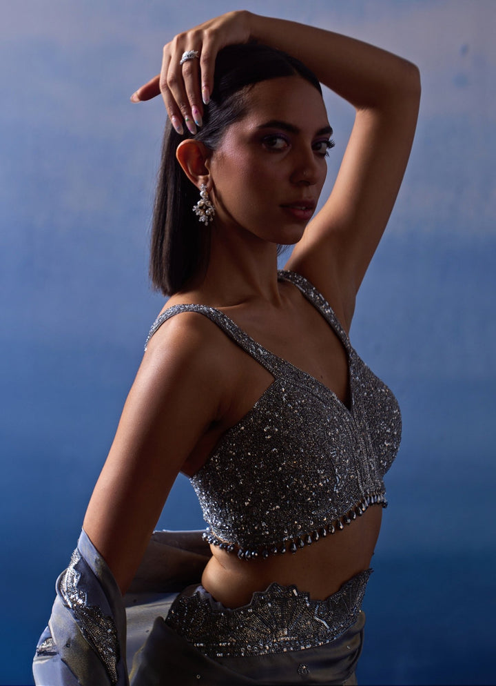 Metallic Grey Tissue Sequinned Saree Angad Singh - Fabilicious Fashion